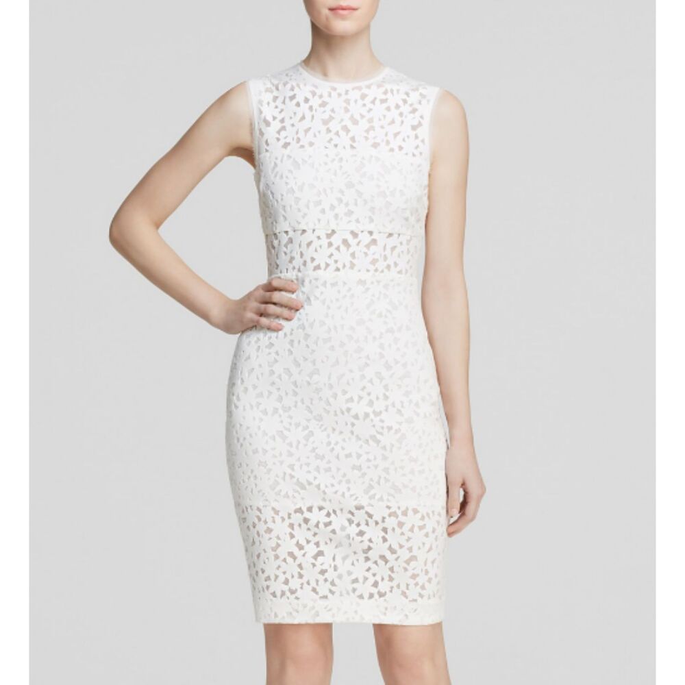 Elizabeth and James Levine Ivory Midi Dress Laser Cut Bodycon Sheer Panel NEW 4
